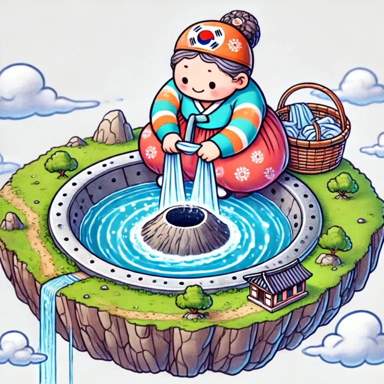 An illustration depicting Seolmundae Halmang from Jeju mythology wringing out laundry, creating Baengnokdam, a crater lake at the top of Hallasan Mountain.