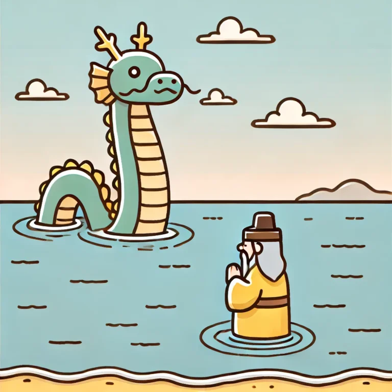 Cartoon-style illustration of the folklore of Jeju, featuring a friendly and non-threatening Dragon King gently rising from the sea with soft colors and simple lines, symbolizing the mythical elements of Jeju Island.