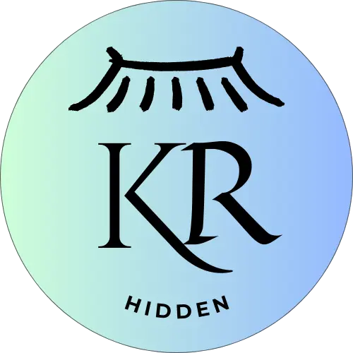 Hidden KR blog logo. A circular design with 'KR' text in the center and a traditional Korean decorative pattern above. The word 'HIDDEN' is displayed below, and the logo features a soft pastel gradient.